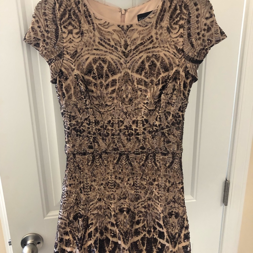 Betsy and Adam bronze & gold sequin evening gown